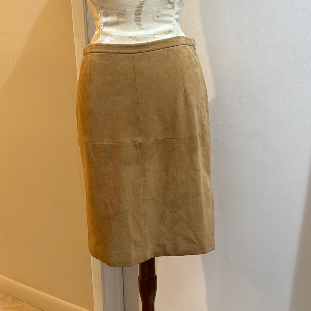 Shanghai Tang Suede Vintage Camel Lined Side Slit Zip Up Midi Genuine Skirt 6